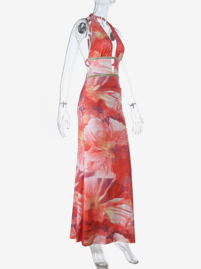 Vacation Dresses Red Floral Print Halter Maxi Dress Deep V Cutout Waist Gold Trim Back Tie Mermaid Party Gown