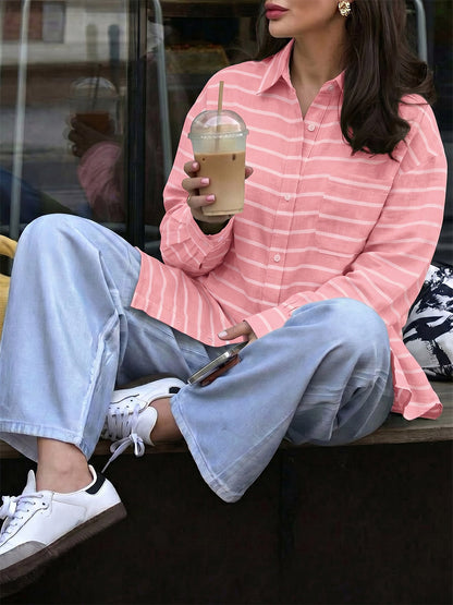 Green Pink Horizontal Striped Button Down Shirt Collar Pocket Long Sleeve Oversized Casual Blouse