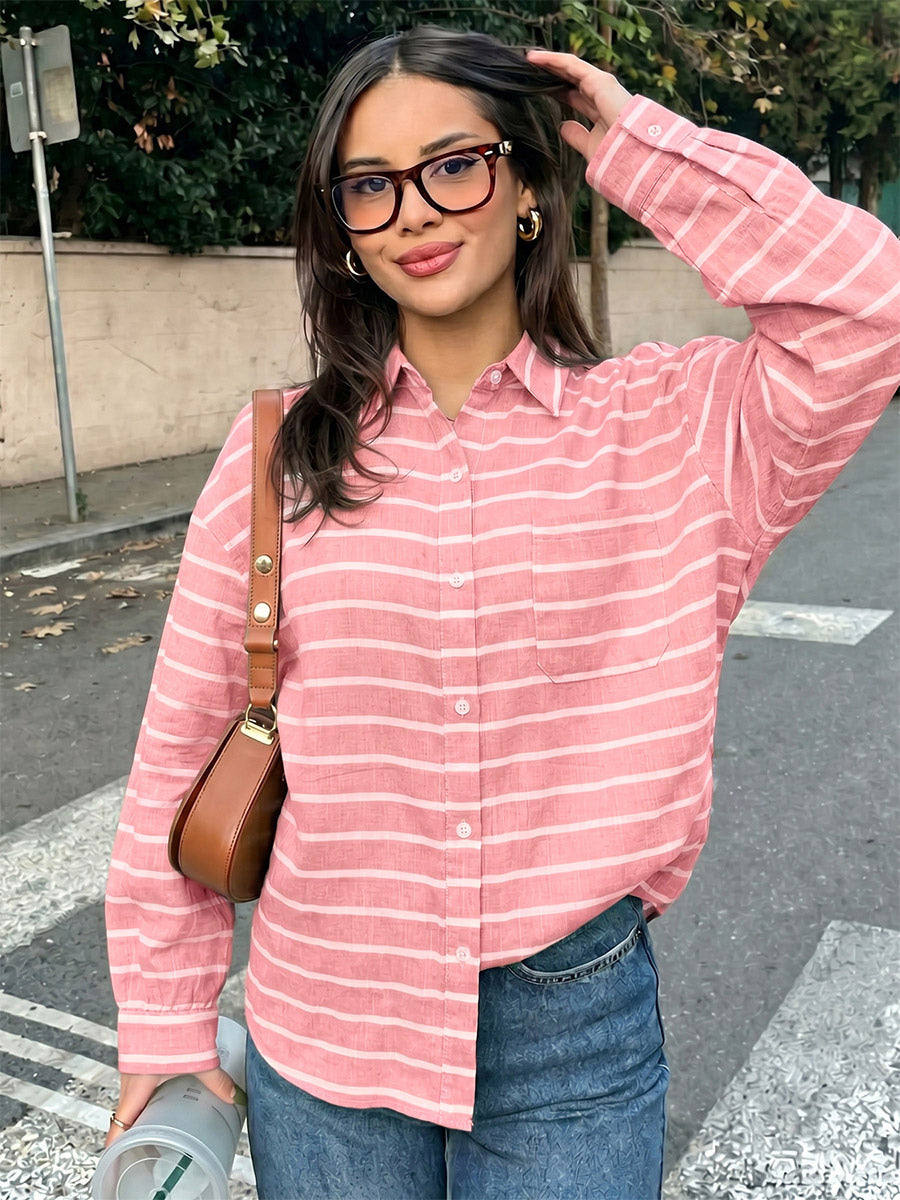 Green Pink Horizontal Striped Button Down Shirt Collar Pocket Long Sleeve Oversized Casual Blouse
