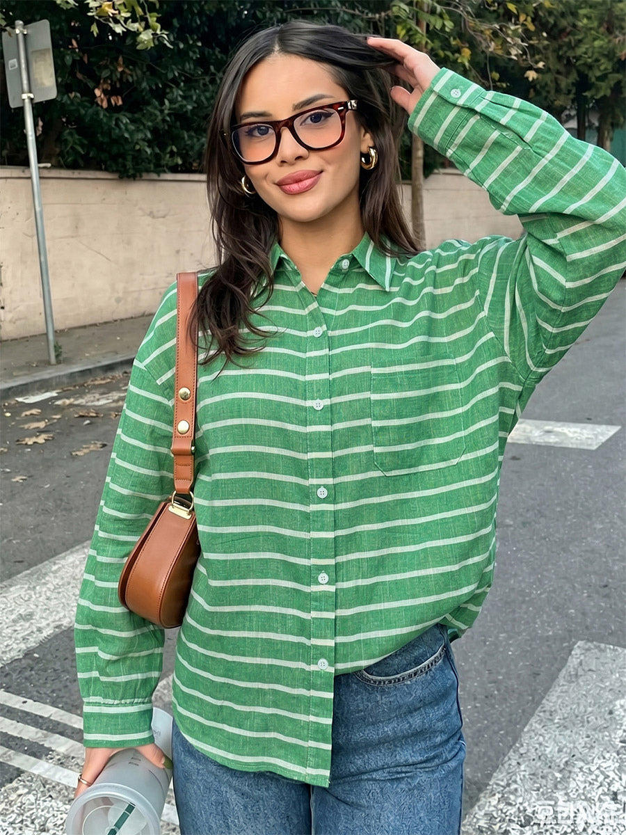 Green Pink Horizontal Striped Button Down Shirt Collar Pocket Long Sleeve Oversized Casual Blouse