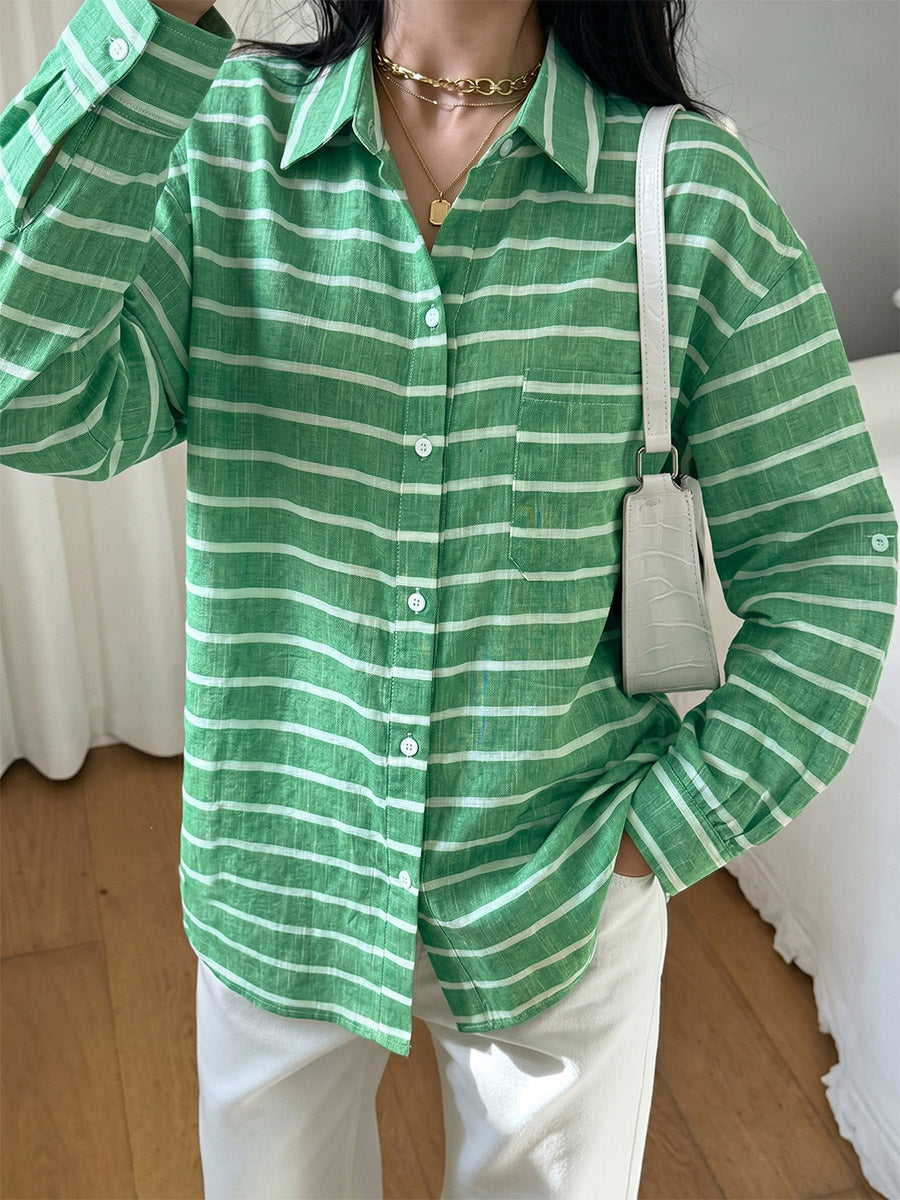 Green Pink Horizontal Striped Button Down Shirt Collar Pocket Long Sleeve Oversized Casual Blouse