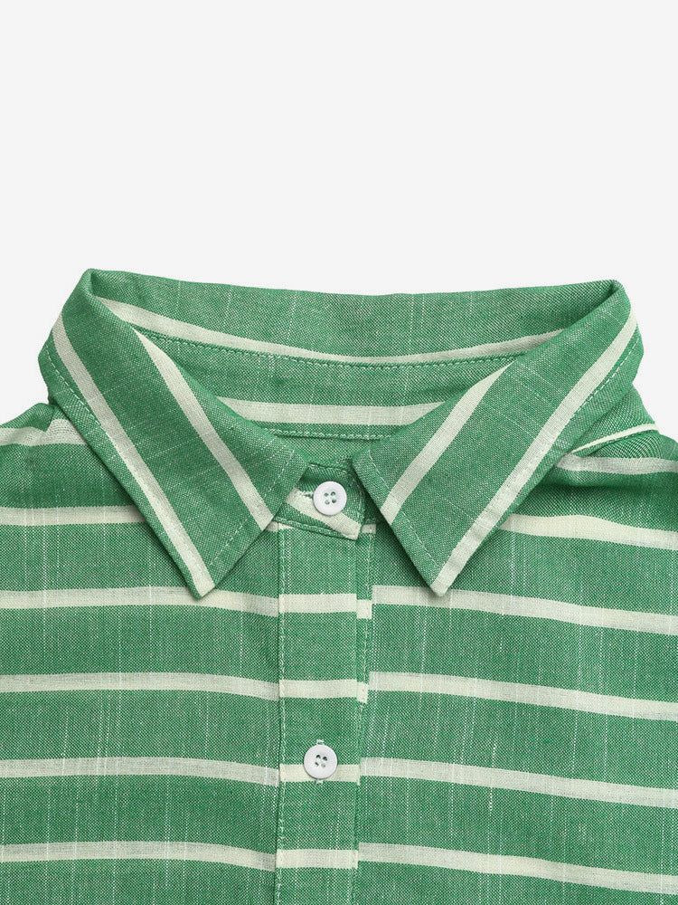 Green Pink Horizontal Striped Button Down Shirt Collar Pocket Long Sleeve Oversized Casual Blouse