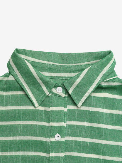 Green Pink Horizontal Striped Button Down Shirt Collar Pocket Long Sleeve Oversized Casual Blouse