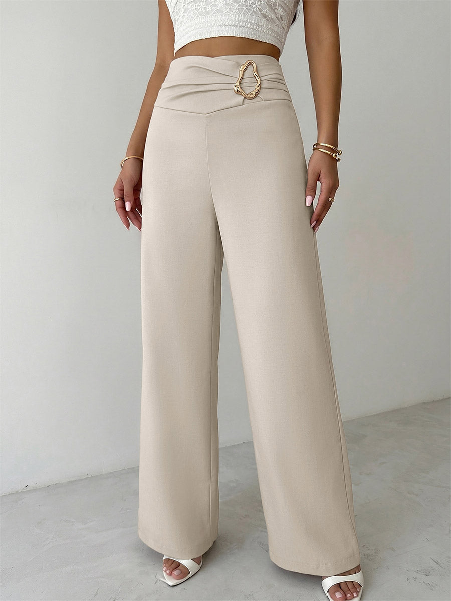 Beige High Waist Wide Leg Pants Front Ruched Metal Ring Decor Loose Straight Long Trousers
