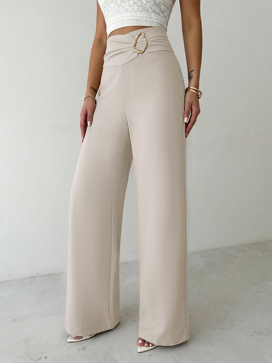 Beige High Waist Wide Leg Pants Front Ruched Metal Ring Decor Loose Straight Long Trousers