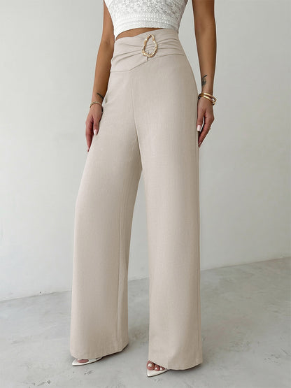 Beige High Waist Wide Leg Pants Front Ruched Metal Ring Decor Loose Straight Long Trousers