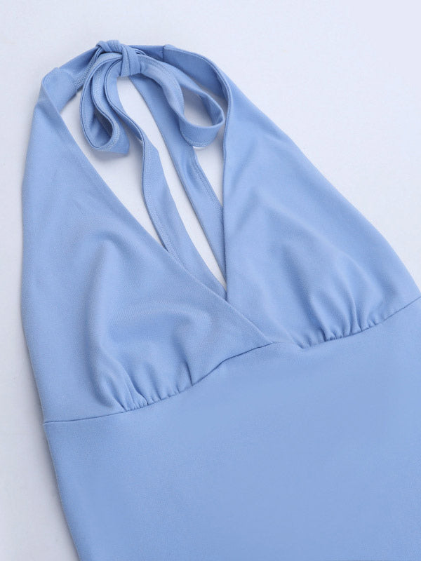 Party Dresses Halter V Neck Midi Dress Back Tie Asymmetric Ruffle Hem Slim Summer Party Dress