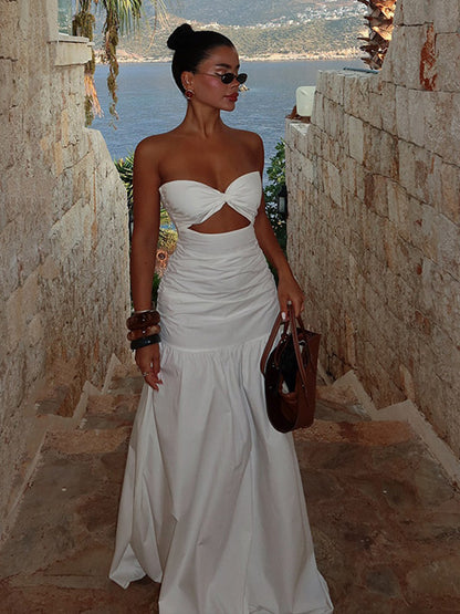 Vacation Dresses Strapless Cutout Waist Maxi Dress Sweetheart Bustier Flowy Mermaid Gown