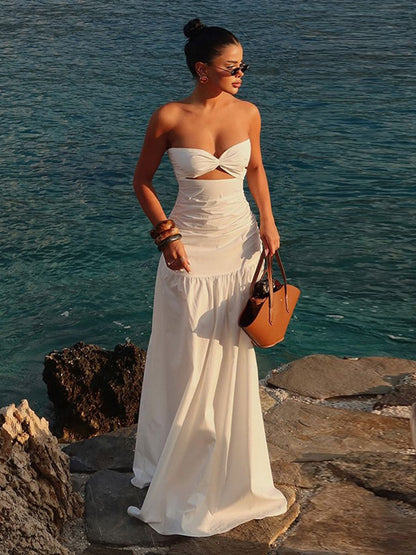 Vacation Dresses Strapless Cutout Waist Maxi Dress Sweetheart Bustier Flowy Mermaid Gown