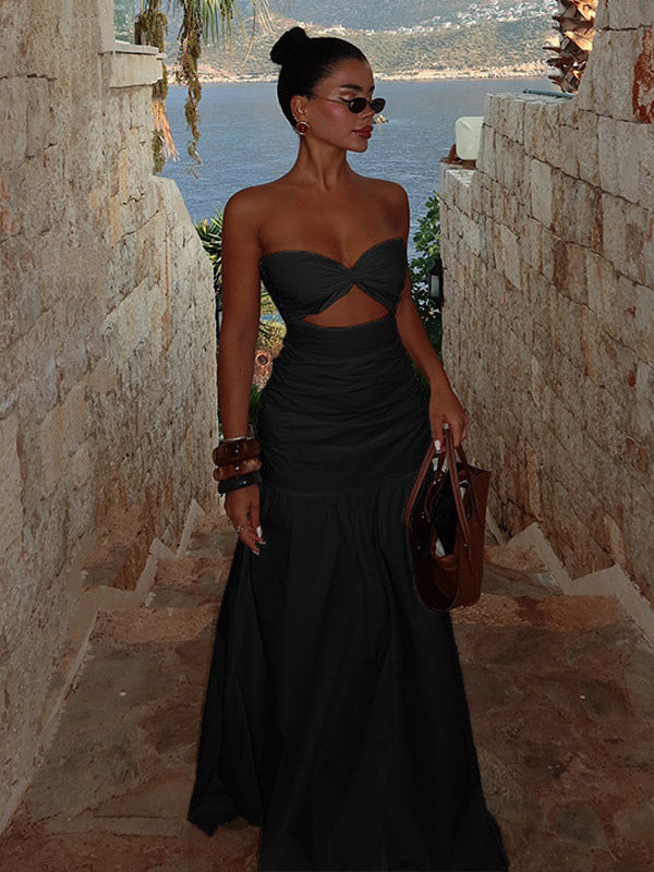 Vacation Dresses Strapless Cutout Waist Maxi Dress Sweetheart Bustier Flowy Mermaid Gown