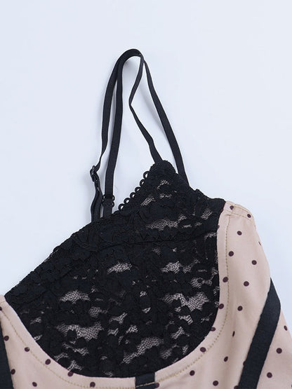 Contrast Lace Polka Dot Corset Camisole Thin Spaghetti Strap Bone Structured Slim Crop Bustier Top