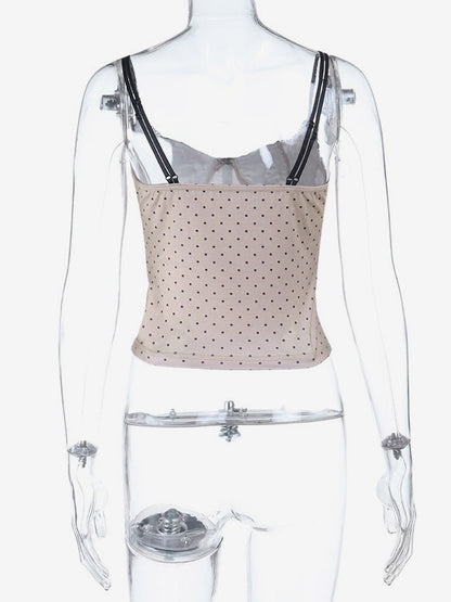 Contrast Lace Polka Dot Corset Camisole Thin Spaghetti Strap Bone Structured Slim Crop Bustier Top