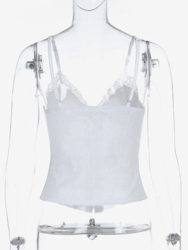 White Floral Lace Corset Top Spaghetti Strap V Neck Front Hook Bone Structured Bustier Crop Top