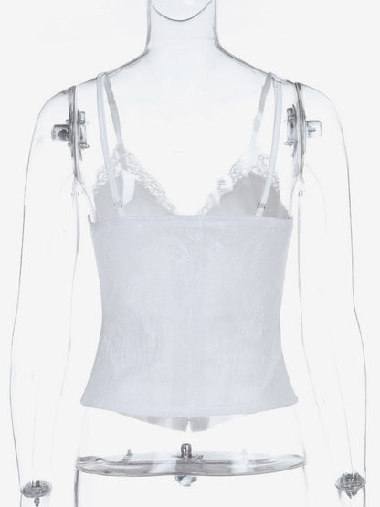 White Floral Lace Corset Top Spaghetti Strap V Neck Front Hook Bone Structured Bustier Crop Top