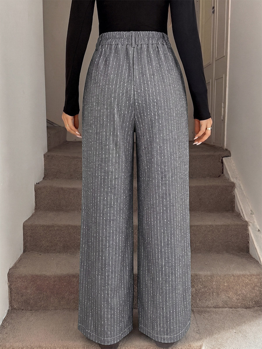 Grey Vertical Striped Wide Leg Trousers High Waist Elastic Back Loose Casual Palazzo Pants