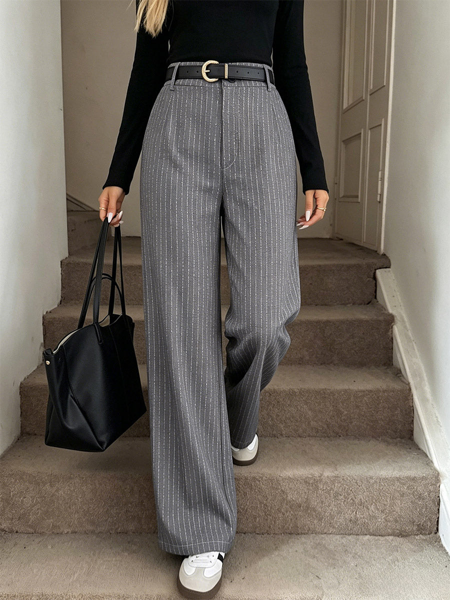 Grey Vertical Striped Wide Leg Trousers High Waist Elastic Back Loose Casual Palazzo Pants