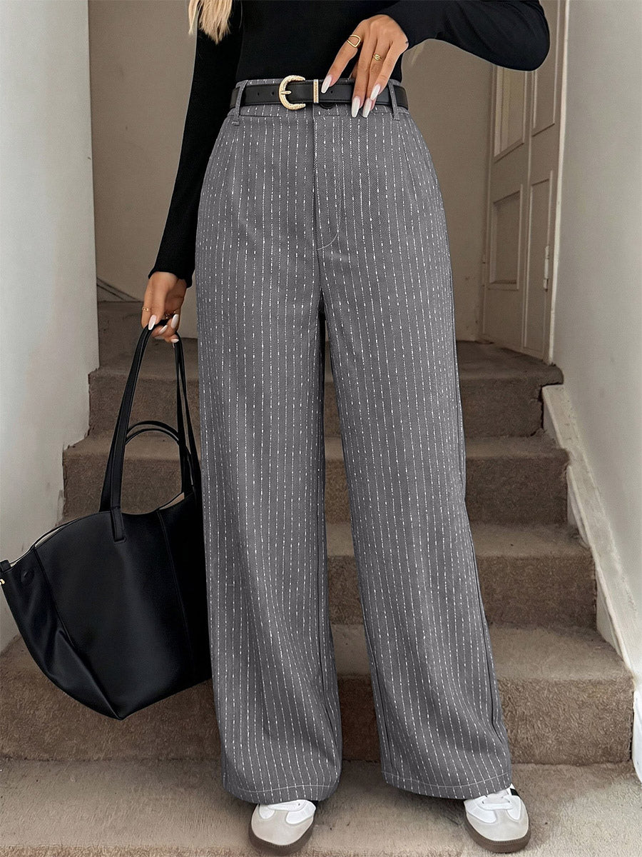Grey Vertical Striped Wide Leg Trousers High Waist Elastic Back Loose Casual Palazzo Pants