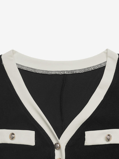 Daily Dresses Black Contrast White Trim Knit Midi Dress V Neck Pocket Belt Tie Waist Long Sleeve A Line Dress