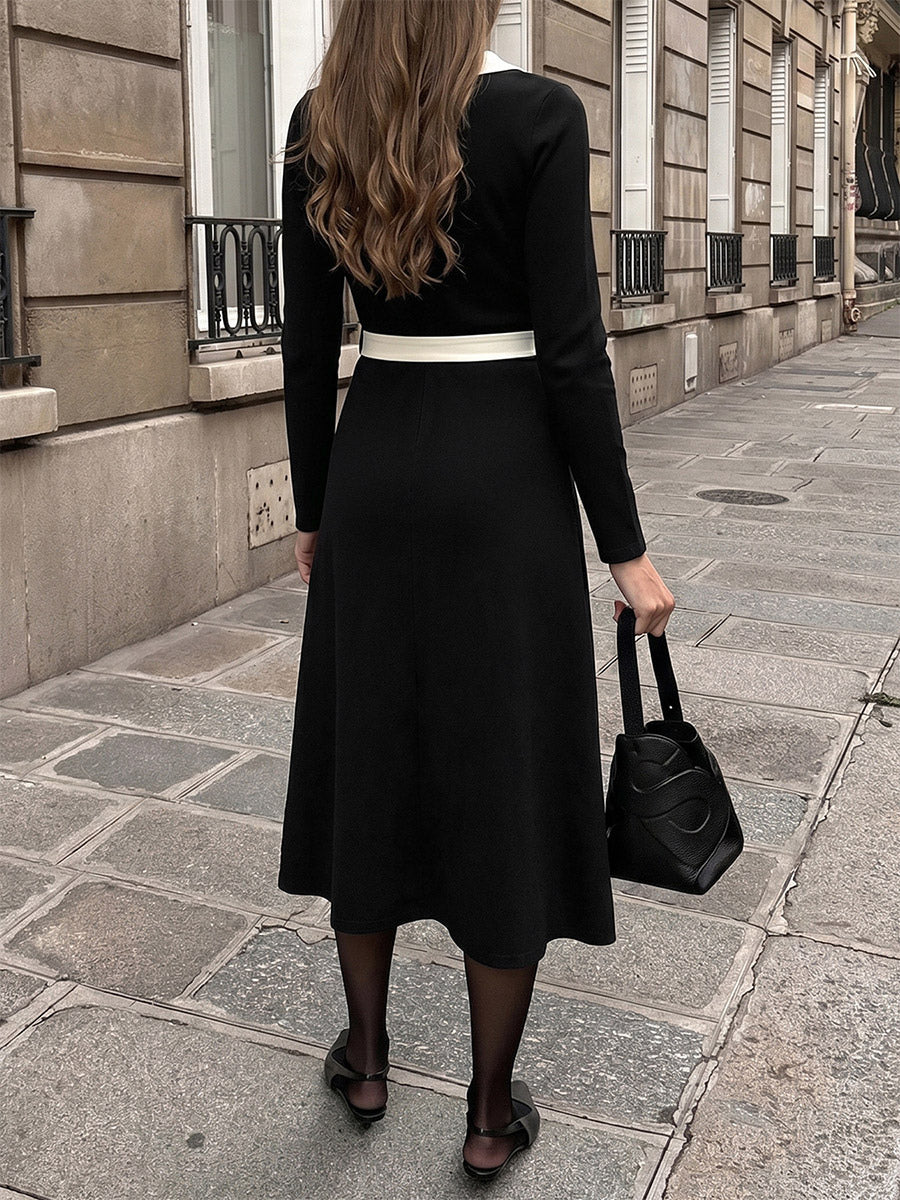 Daily Dresses Black Contrast White Trim Knit Midi Dress V Neck Pocket Belt Tie Waist Long Sleeve A Line Dress