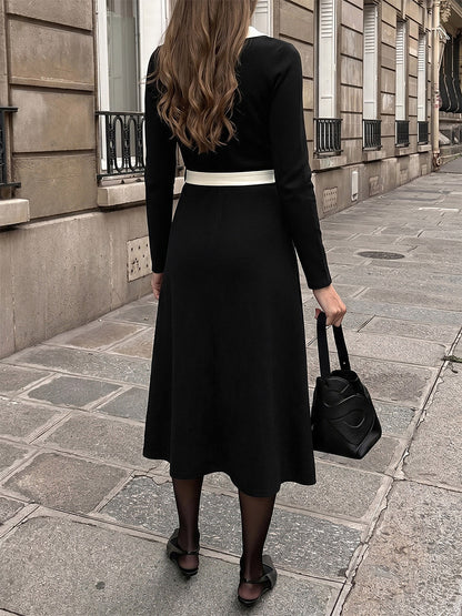 Daily Dresses Black Contrast White Trim Knit Midi Dress V Neck Pocket Belt Tie Waist Long Sleeve A Line Dress