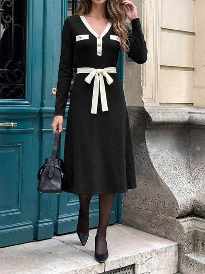 Daily Dresses Black Contrast White Trim Knit Midi Dress V Neck Pocket Belt Tie Waist Long Sleeve A Line Dress