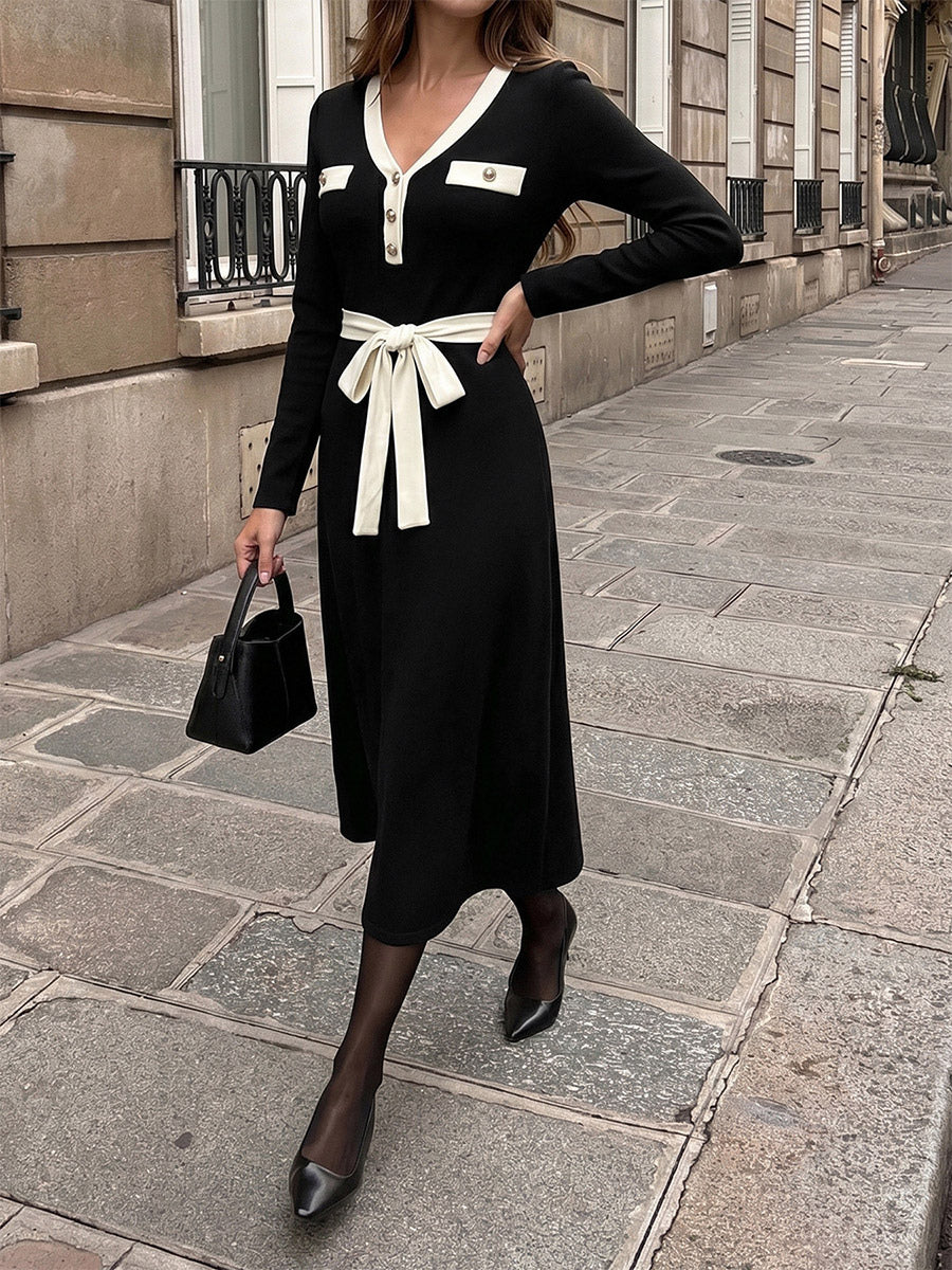 Daily Dresses Black Contrast White Trim Knit Midi Dress V Neck Pocket Belt Tie Waist Long Sleeve A Line Dress