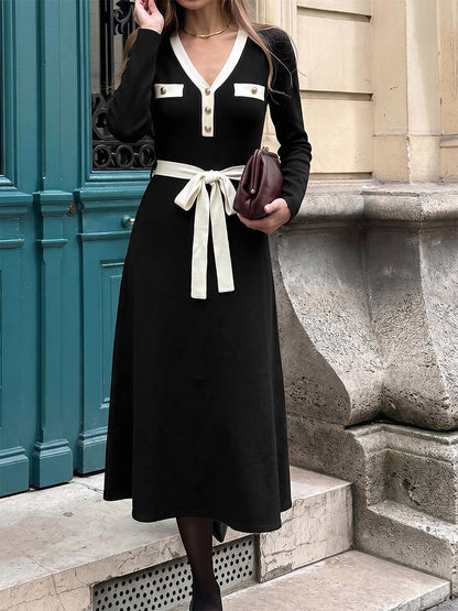 Daily Dresses Black Contrast White Trim Knit Midi Dress V Neck Pocket Belt Tie Waist Long Sleeve A Line Dress