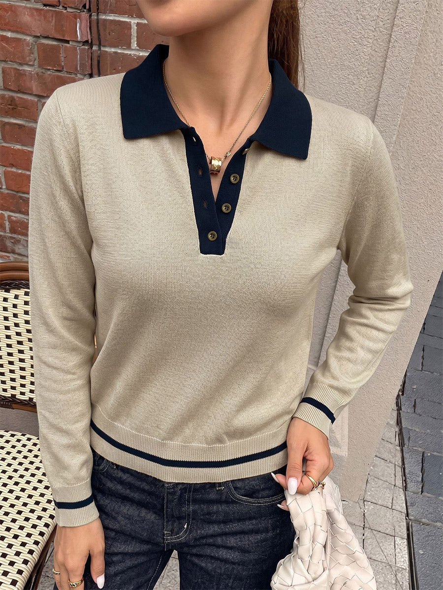 Tea Color Contrast Navy Collar Polo Knit Sweater Half Button Long Sleeve Slim Preppy Pullover