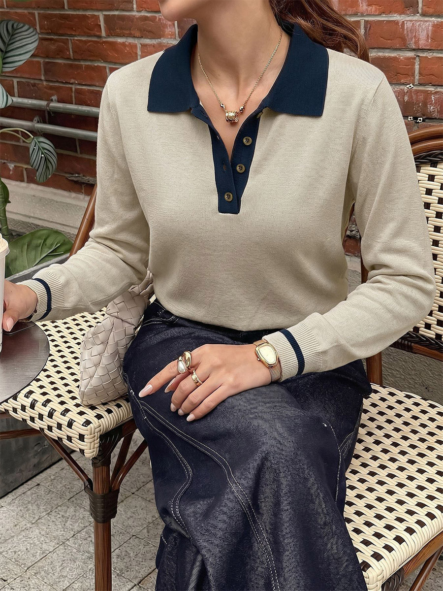 Tea Color Contrast Navy Collar Polo Knit Sweater Half Button Long Sleeve Slim Preppy Pullover