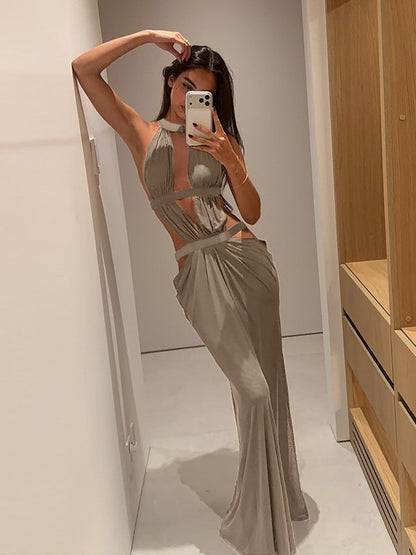 Vacation Dresses Khaki Halter Cutout Maxi Dress Strappy Backless Ruched Side Slit Bodycon Evening Party Gown