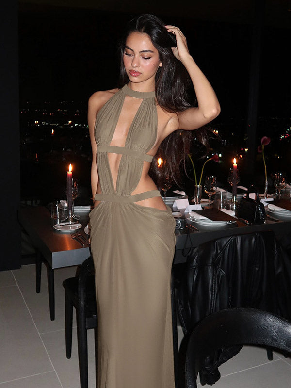 Vacation Dresses Khaki Halter Cutout Maxi Dress Strappy Backless Ruched Side Slit Bodycon Evening Party Gown