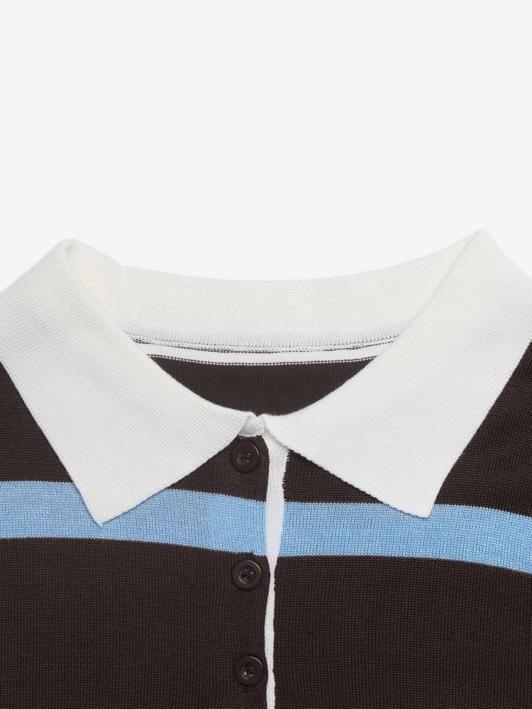Coffee Blue Striped Polo Knit Top White Collar Half Button Long Sleeve Slim Cropped Sweater