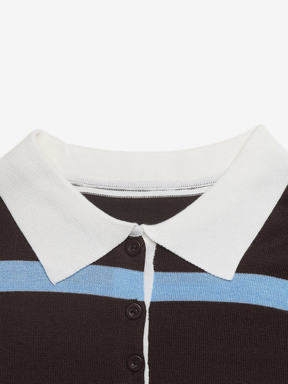 Coffee Blue Striped Polo Knit Top White Collar Half Button Long Sleeve Slim Cropped Sweater