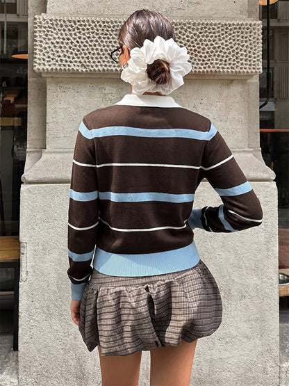 Coffee Blue Striped Polo Knit Top White Collar Half Button Long Sleeve Slim Cropped Sweater