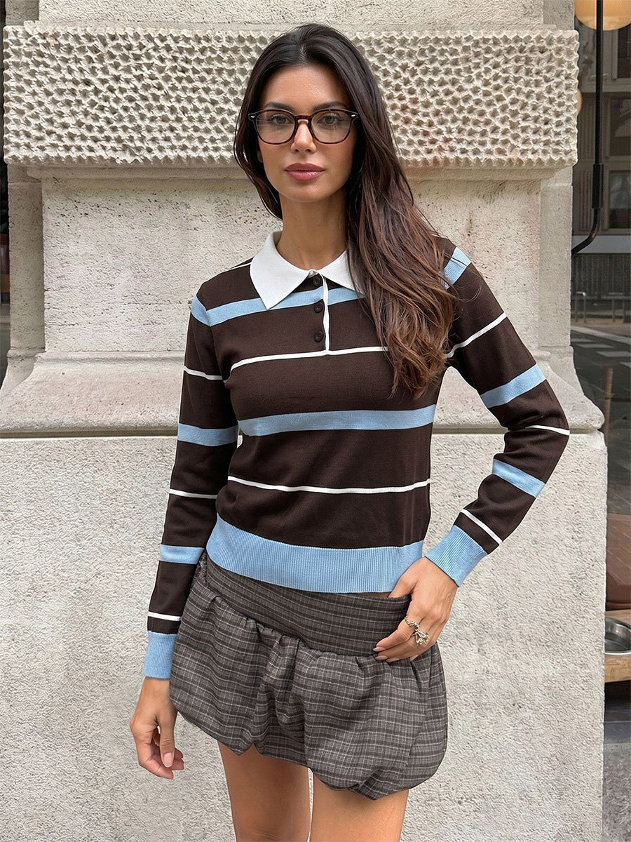 Coffee Blue Striped Polo Knit Top White Collar Half Button Long Sleeve Slim Cropped Sweater