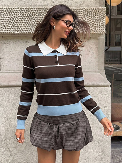 Coffee Blue Striped Polo Knit Top White Collar Half Button Long Sleeve Slim Cropped Sweater