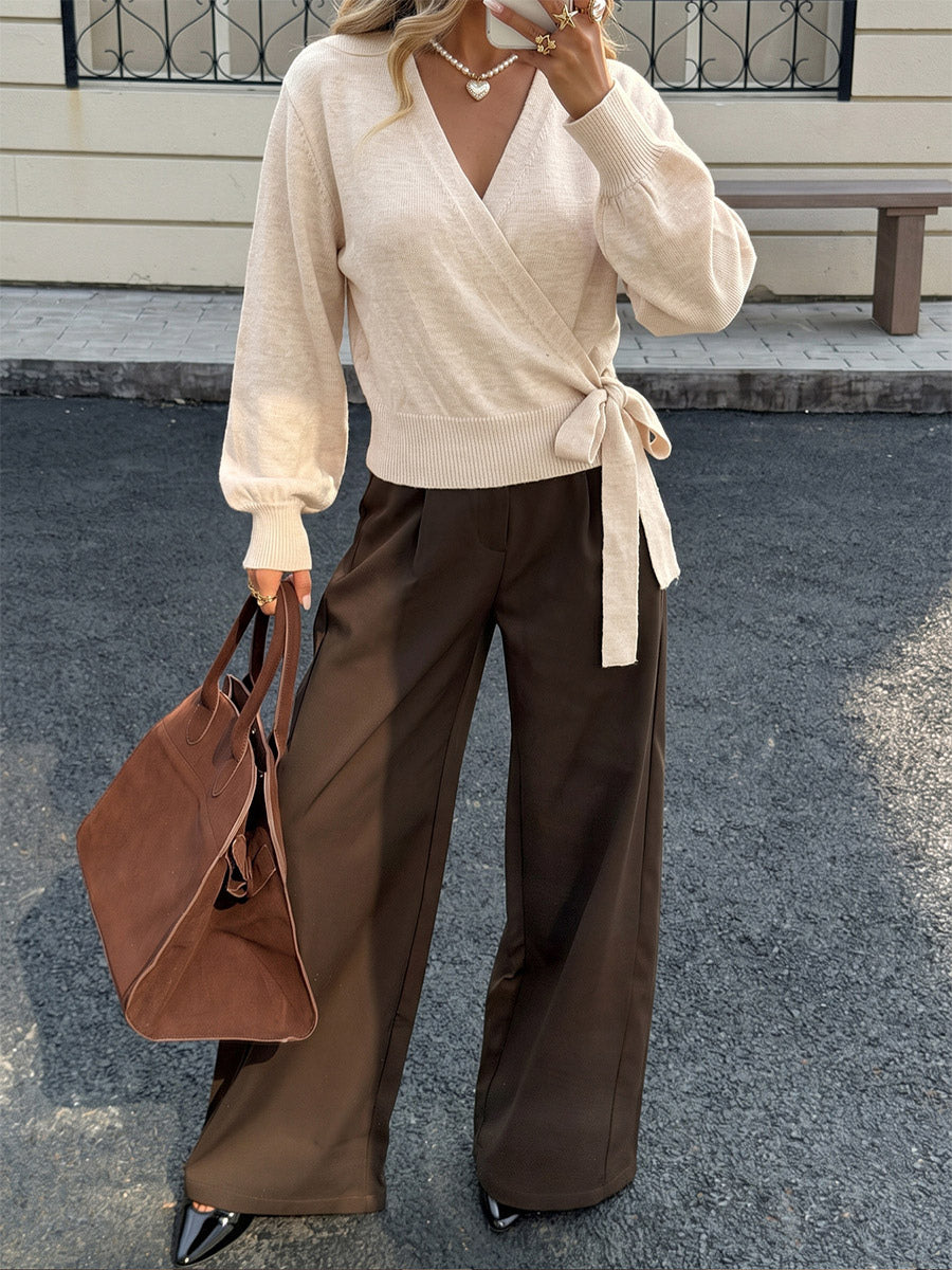 Women Pullover Sweater Light Apricot Lace Up V-Neck Lantern Long Sleeves Sweaters