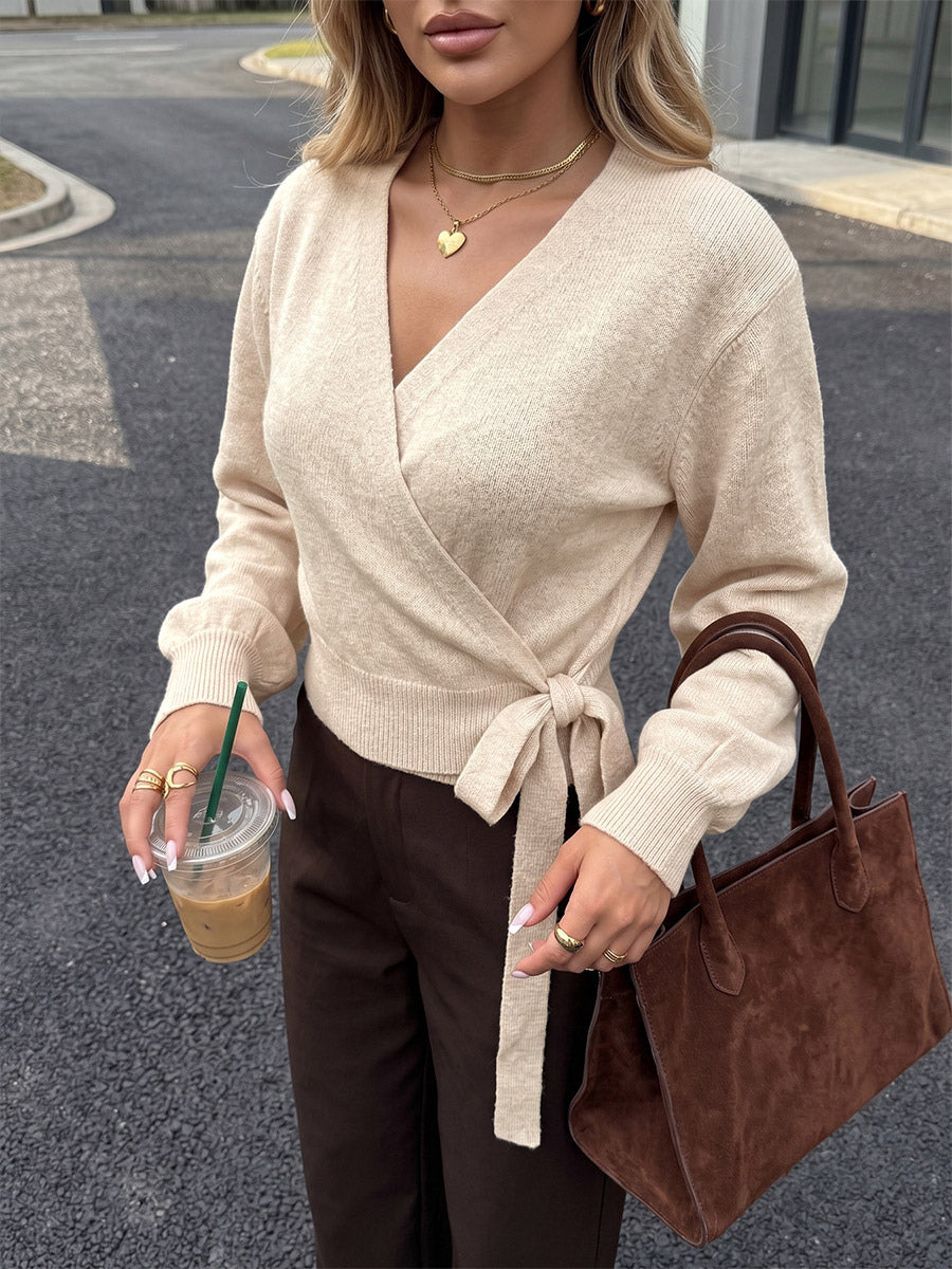 Women Pullover Sweater Light Apricot Lace Up V-Neck Lantern Long Sleeves Sweaters
