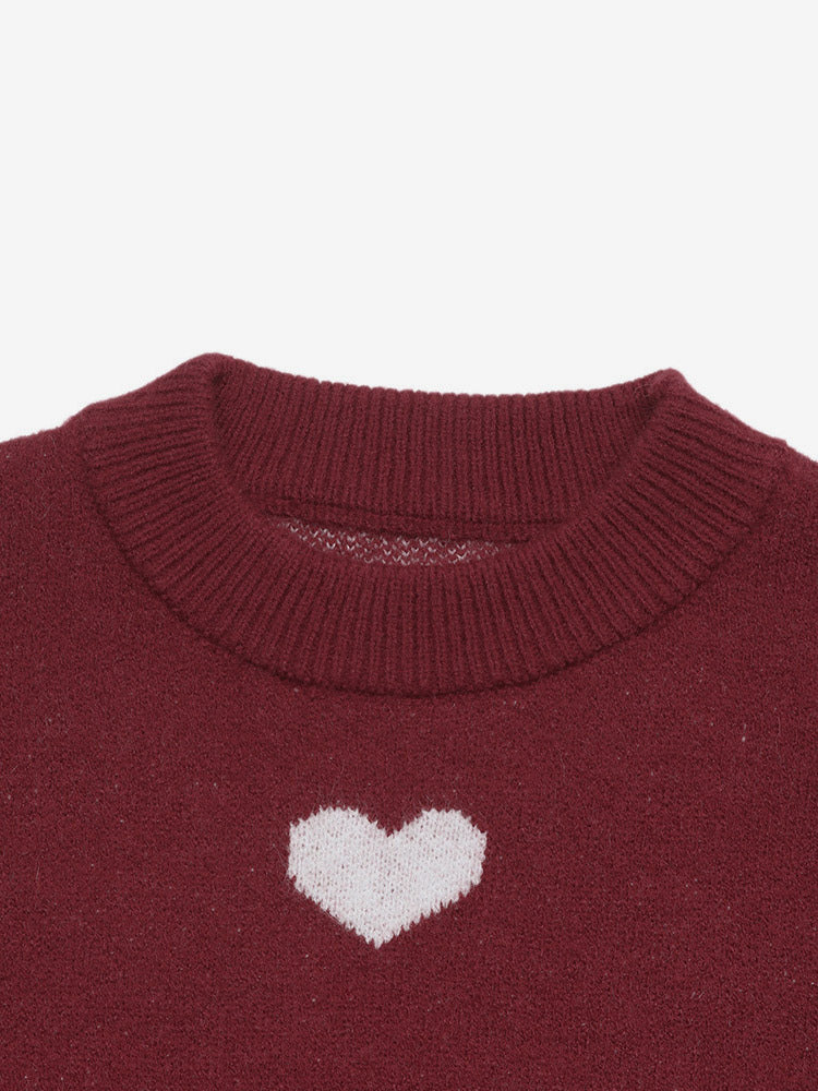 Burgundy Heart Pattern Crew Neck Sweater Long Sleeve Loose Casual Fall Winter Pullover