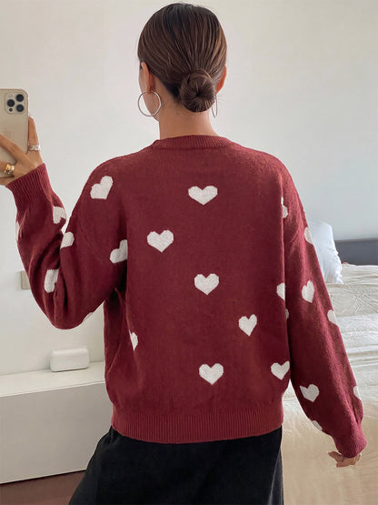 Burgundy Heart Pattern Crew Neck Sweater Long Sleeve Loose Casual Fall Winter Pullover