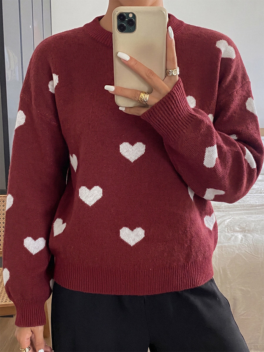 Burgundy Heart Pattern Crew Neck Sweater Long Sleeve Loose Casual Fall Winter Pullover