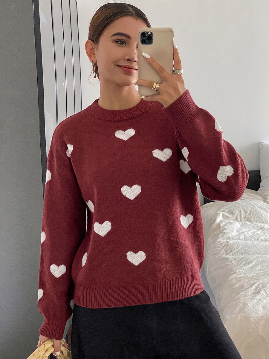 Burgundy Heart Pattern Crew Neck Sweater Long Sleeve Loose Casual Fall Winter Pullover