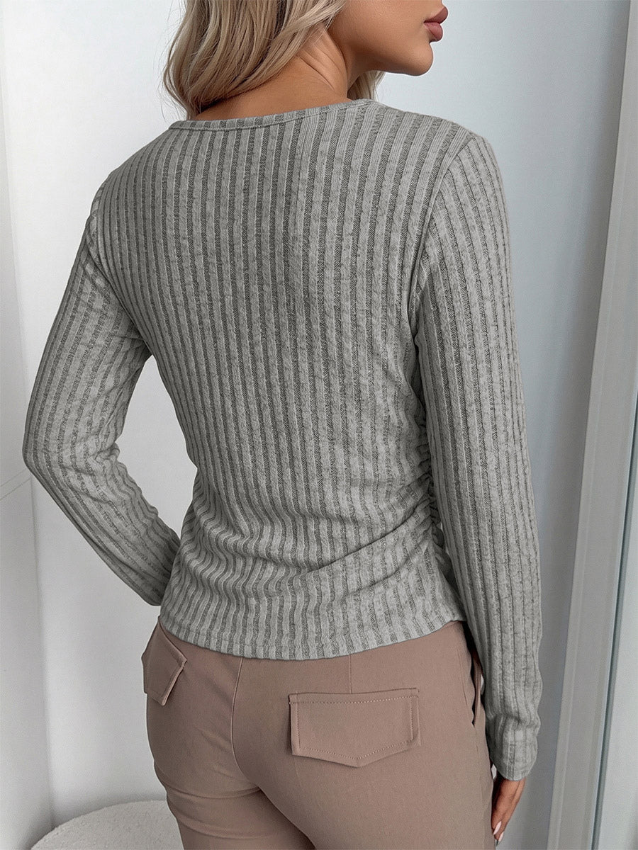 Fake Two Piece Ribbed Knit Long Sleeve Top Scoop Neck Layered Slim Casual Shirt