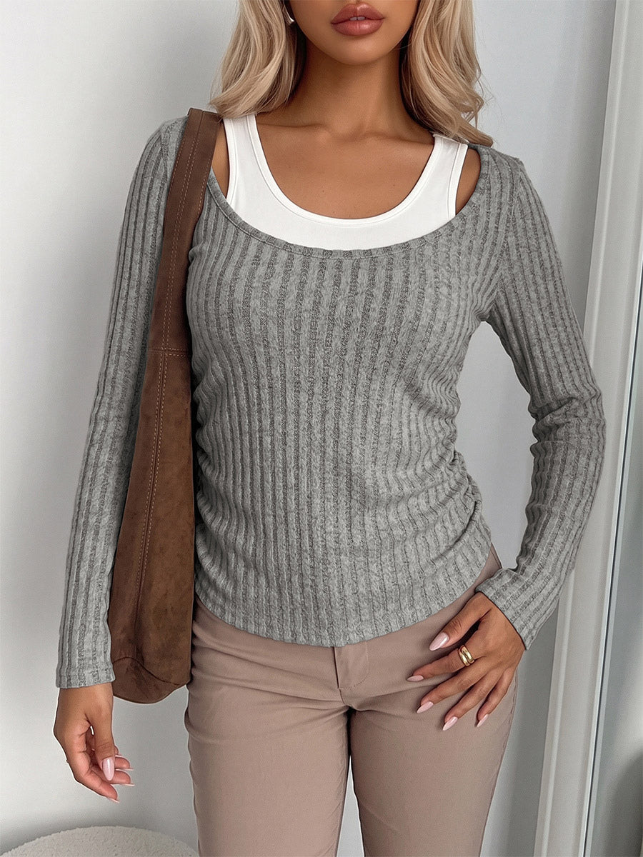 Fake Two Piece Ribbed Knit Long Sleeve Top Scoop Neck Layered Slim Casual Shirt
