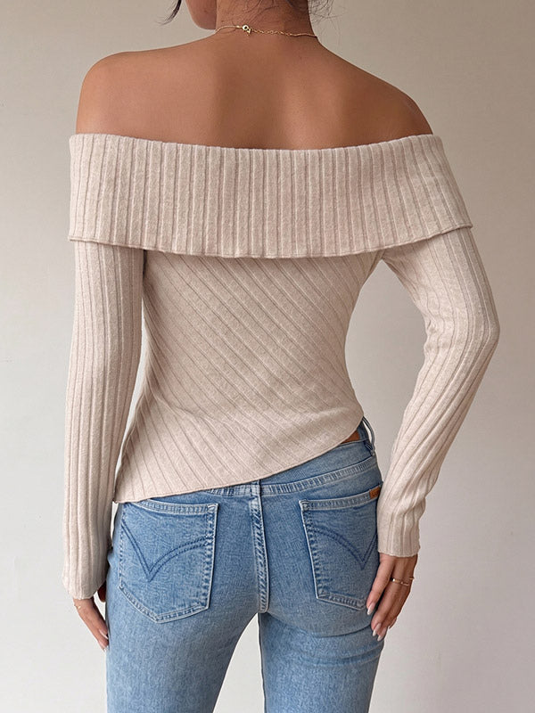 Beige Twist Front Off Shoulder Ribbed Knit Top Long Sleeve Asymmetrical Hem Slim Sweater