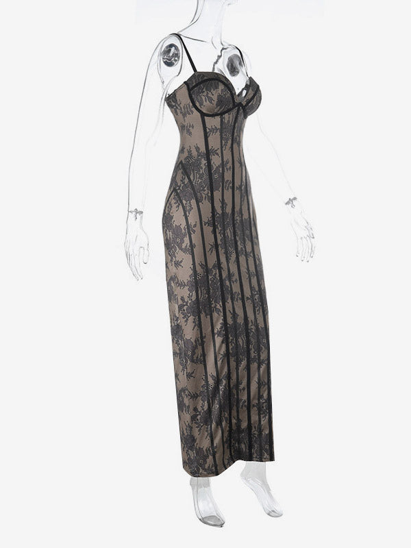 Party Dresses Black Floral Lace Spaghetti Strap Maxi Bustier Corset Bodycon Slit Evening Gown