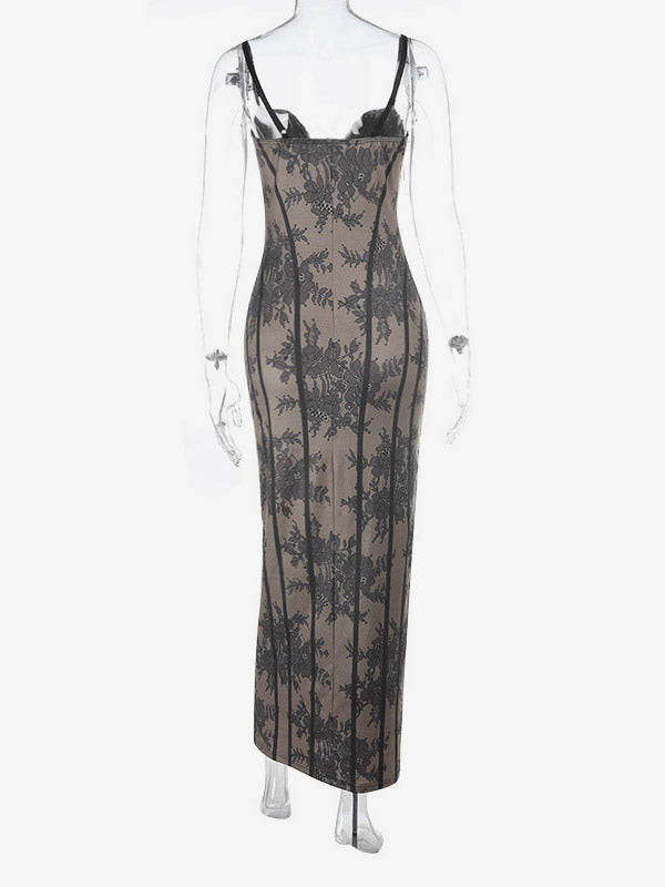Party Dresses Black Floral Lace Spaghetti Strap Maxi Bustier Corset Bodycon Slit Evening Gown