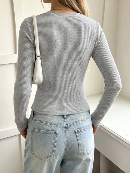 Gray V Neck Button Ribbed Knit Top Long Sleeve Lace Inner Slim Fitted Casual Fall Pullover