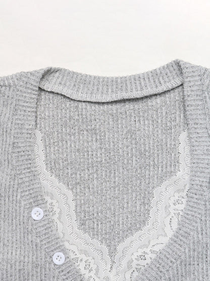 Gray V Neck Button Ribbed Knit Top Long Sleeve Lace Inner Slim Fitted Casual Fall Pullover
