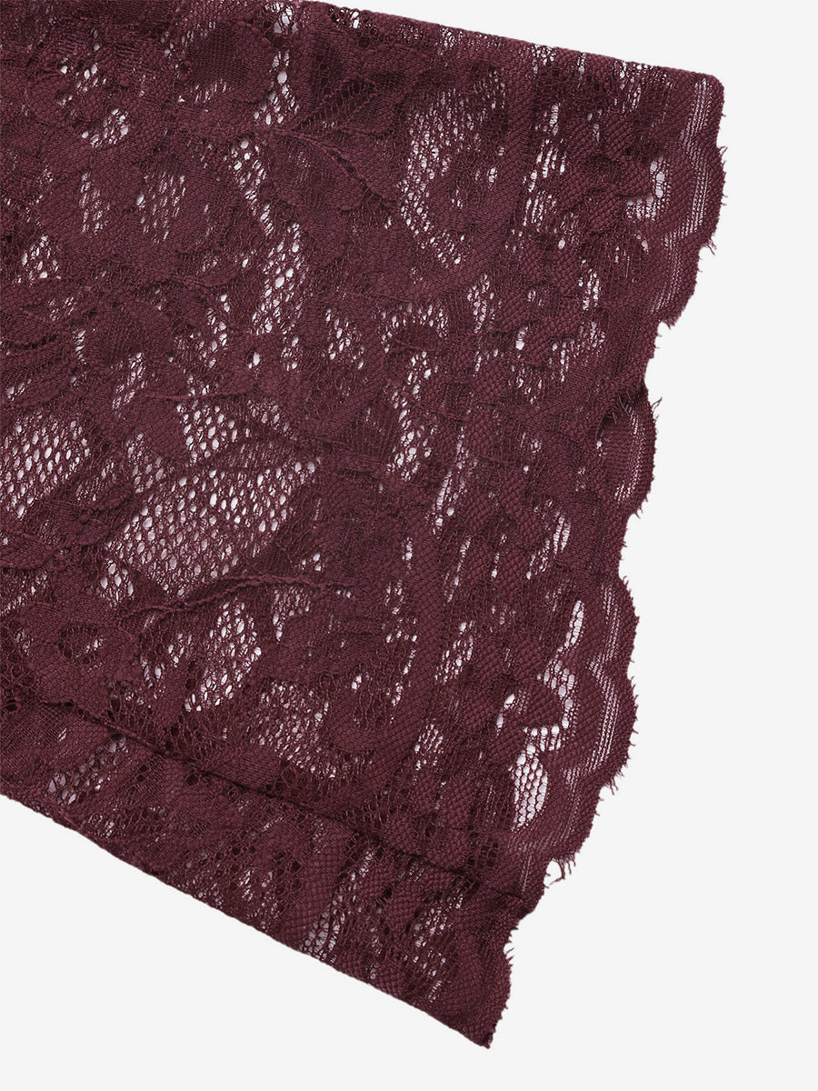 Burgundy Floral Lace Bodysuit Long Flare Sleeve V Neck Front Tie Sheer Mesh Sexy Jumpsuit